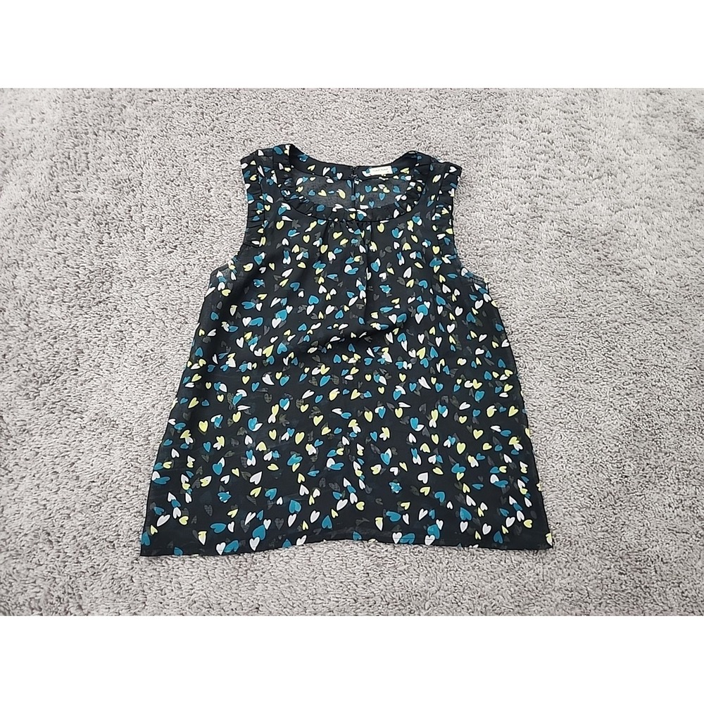 NAF NAF Top Womens S Black Good Graphic Heart Print Pleated Sheer Chiffon Blouse